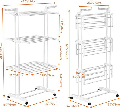 HOMIDEC Clothes Drying Rack, Large 4-Tier Foldable Drying Rack Clothing(67.7H x 19.7W x 30L Inches), Movable with 4 Castors. Multifunctional Stainless Steel Laundry Drying Rack, White