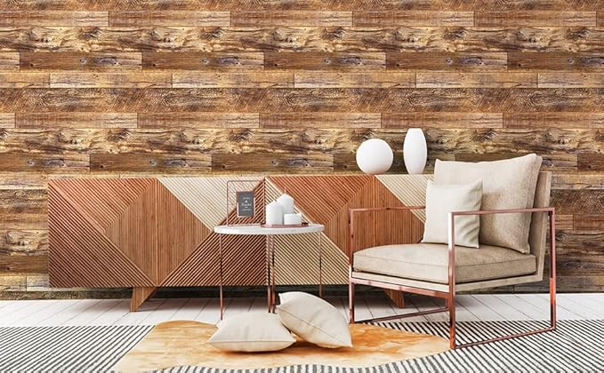 Yun-aeon Brown Wood Peel and Stick Wallpaper 17.3" X 120"Coffee Brown PVC Self Adhesive Wood Wall Peel and Stick Paper for Wall Covering Furniture Countertop Kitchen Christmas DIY