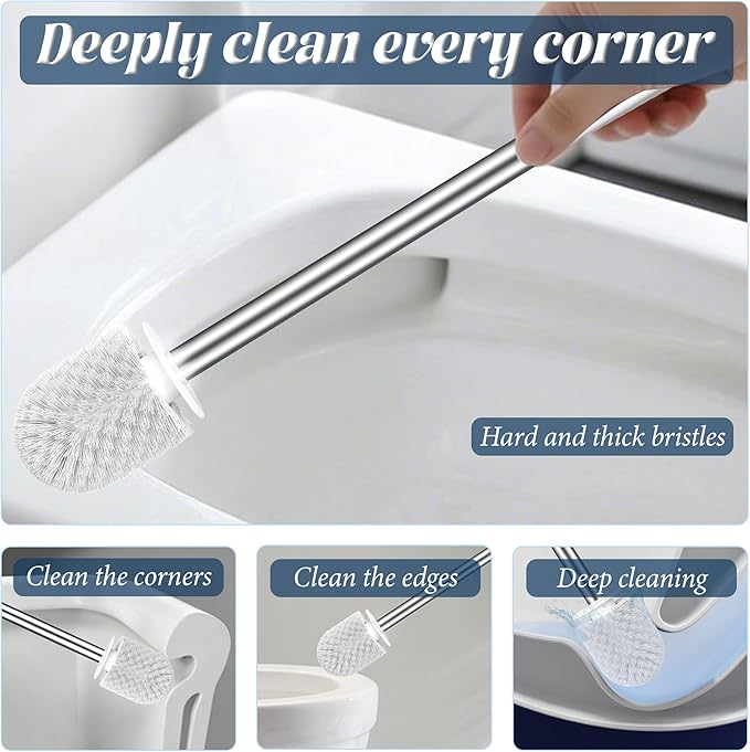 Toilet Brush and Holder Set, 3 Pack Toilet Cleaner Brush, Stainless Steel Toilet Brush with Long Handle for Deep Cleaning Bathroom Accessories White