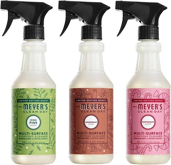 Mrs. MEYER'S CLEAN DAY Multi-Surface Cleaner 3 Pack Variety, 16 OZ Each, 1 CT (Iowa Pine + Peppermint + Gingerbread)