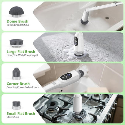 Electric Spin Scrubber, Cordless Cleaning Brush, 3H Work Time, Bathroom Scrubber with LED Display, 3-Speed Extendable Handle, IPX7 Waterproof, 8 Brush Heads for Shower, Tile, Tub, Floor, Toilet, Grout