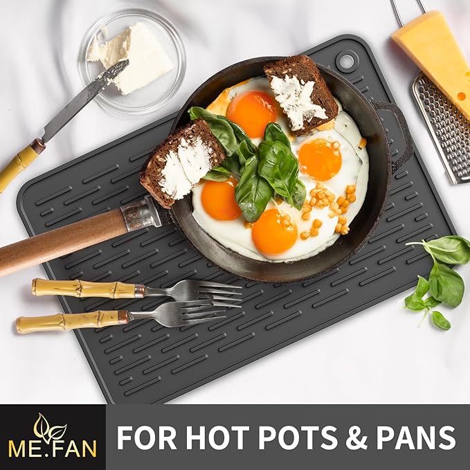 ME.FAN Silicone Dish Drying Mat for Kitchen Counter, Dish Drying Pad for Sink, Refrigerator or Drawer, Countertop Protection Pad L - 18''×16'' - Black