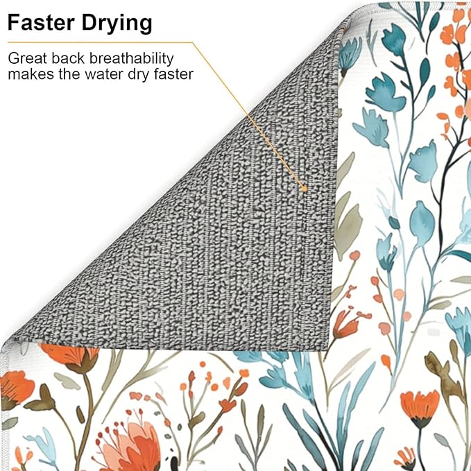 Teal and Orange Floral Dish Drying Mat for Kitchen Counter, Absorbent Microfiber Drying Pad for Dishes, Washable Foldable Burnt Orange Teal Kitchen Mat for Countertop Sink, Boho Home Decor, 16" x 18"