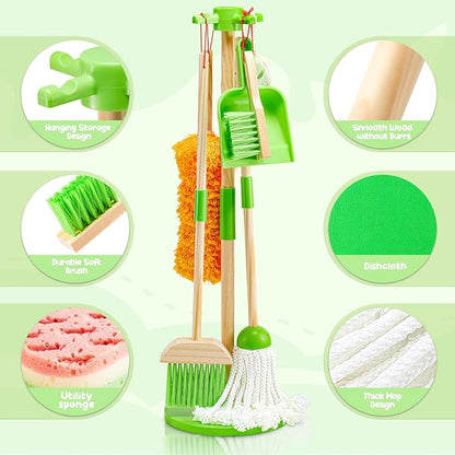 WHOHOLL Wooden Kids Cleaning Set Toddler Broom Set for Housekeeping 8 Pcs Broom and Mop Set for Toddlers 3-6, Cleaning Toys with Dustpan Sponge, Christmas Birthday Gifts for Boys Girls (Green)
