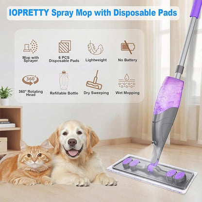 Microfiber Hardwood Floor Mop - Wet Dry Mops with Washable Pads for Tile Wood Laminate Vinyl Marble Home Kitchen - 500+ ML Refillable Bottle (Grey)
