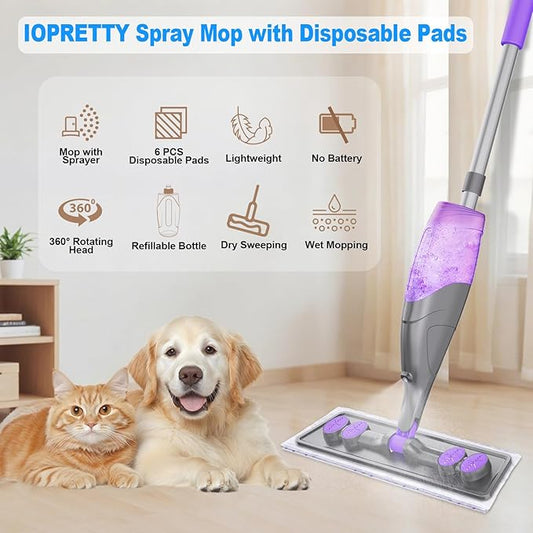Microfiber Hardwood Floor Mop - Wet Dry Mops with Washable Pads for Tile Wood Laminate Vinyl Marble Home Kitchen - 500+ ML Refillable Bottle (Grey)