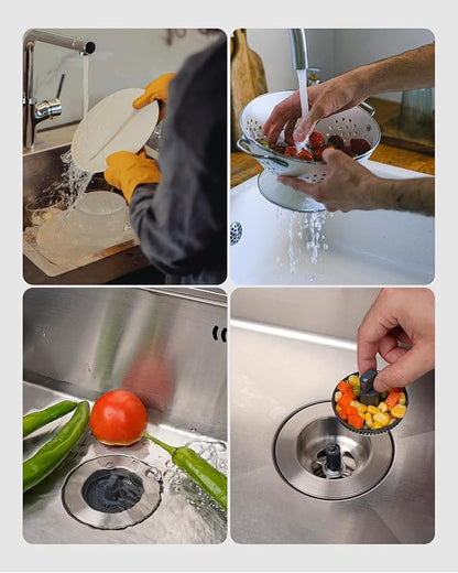 Hibbent Upgraded 2 Pack 3 in 1 Kitchen Sink Drain Strainer and Stopper Combo, Stainless Steel Metal Pop Up Sink Stopper, Anti-Clogging Basket with Foldable Handle for US Standard 3-1/2 Inch Drain