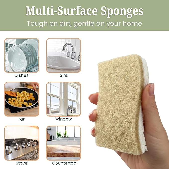 12 Pack Non-Scratch & Odor-Free Eco Sponges – Natural Biodegradable Cellulose & Coconut Fiber Kitchen Scrubbers – Compostable, Zero Waste Sponges for Dishwashing & Cleaning