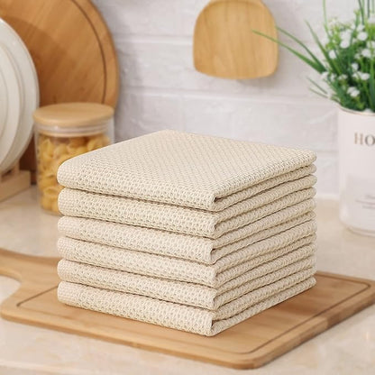 Kitinjoy 100% Cotton Kitchen Dish Cloths (12 X 12 Inches, Beige), 6-Pack Waffle Weave Dish Towels for Drying Dishes Super Soft Absorbent Quick Drying Dish Rags