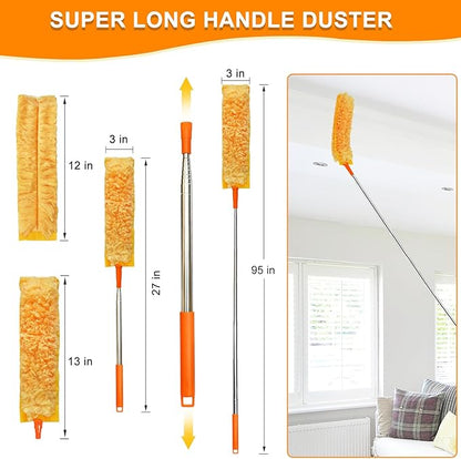 100" Reachable Microfiber Feather Duster, Duster with Extension Pole, 3 pcs Replacement Duster Head, Cleaning Tools for High Ceilings and Fans, Blinds, Cars and Furniture