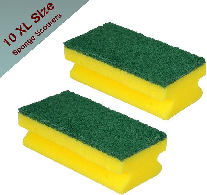 Heavy Duty Scrub Large Sponge, Dual-Sided Dishwashing & Cleaning Sponge for Kitchen, Bathroom and Home Cleaning (Pack of 10),Yellow & Green