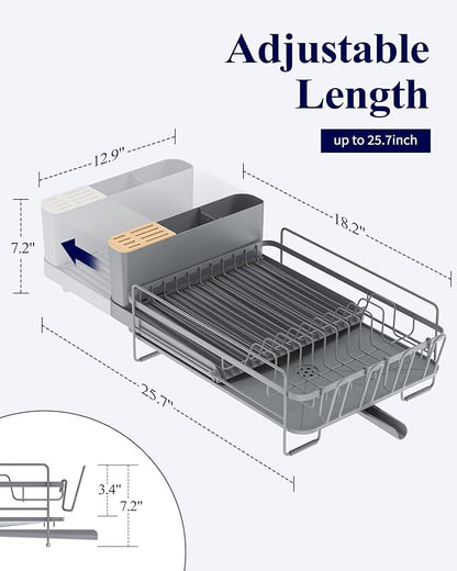Kitsure Extendable Dish Drying Rack, Large Drying Dish Rack with Cutlery & Cup Holders, Multifunctional Dish Racks for Counter with Drainage, 18.2"-25.7" L x 12.9" W, Grey