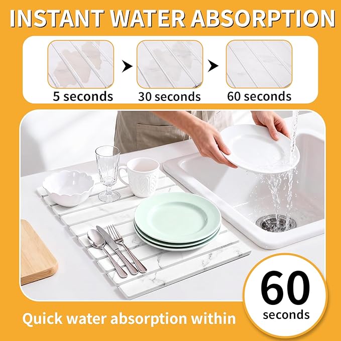 Stone Dish Drying Mat for Kitchen Counter, 24''×16'' Quick Dry Stone Dish Matt Collapsible Water Absorbing Diatomaceous Earth Drying Organizer Mat for Dishes Bottles Cups, Any Countertop(White Marble)