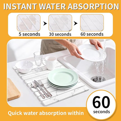 Stone Dish Drying Mat for Kitchen Counter, 24''×16'' Quick Dry Stone Dish Matt Collapsible Water Absorbing Diatomaceous Earth Drying Organizer Mat for Dishes Bottles Cups, Any Countertop(White Marble)