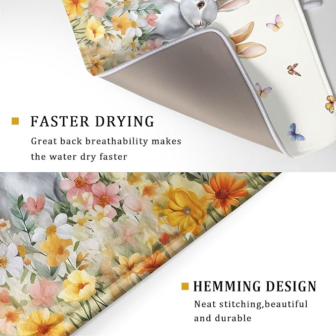 Spring Easter Rabbit Dish Drying Mat for Kitchen Counter,Colorful Flowers Butterflies Drying Mat 18 x 24 Inch with High Absorbent Microfiber Drainer Mat for Coffee Bar