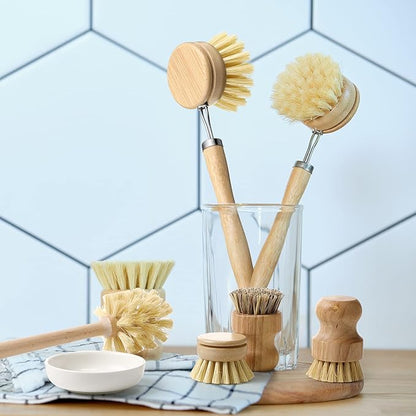 10 Pieces Wooden Dish Brush Set Bamboo Dish Brush Wood Bottle Brush with Replacement Heads for Dishes, Wide Mouth Bottles, Cups and Jars