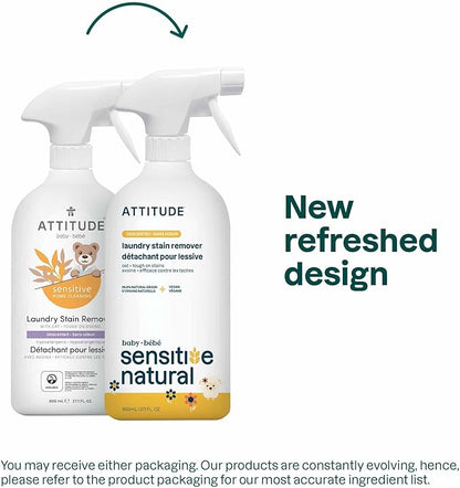 ATTITUDE Laundry Stain Remover for Baby Clothes, Plant- and Mineral-Based Ingredients, Vegan and Cruelty-free Laundry Products for Sensitive Skin, Unscented, 27 Fl Oz