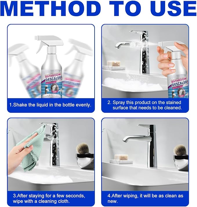 Bathroom Cleaner Spray Foam, Rinse Cleaning for Tub, Tile, Toilet, Shower, Glass Sink, Effectively Removes Stubborn Stains, Limescale, Soap Scum, Bathroom Descaler for Daily, Deep Clean (4PCS)