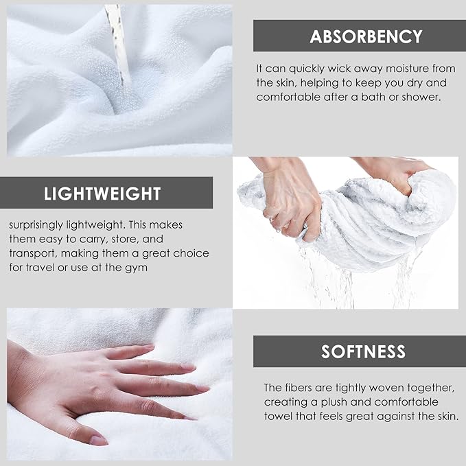 GraceAier Microfiber Bath Towels 4 Pack, 28x56 Inch Coral Velvet Quick Dry Towel Set, Highly Absorbent, Ultra Soft & Lint-Free for Bathroom, Gym, Travel and Swim- White