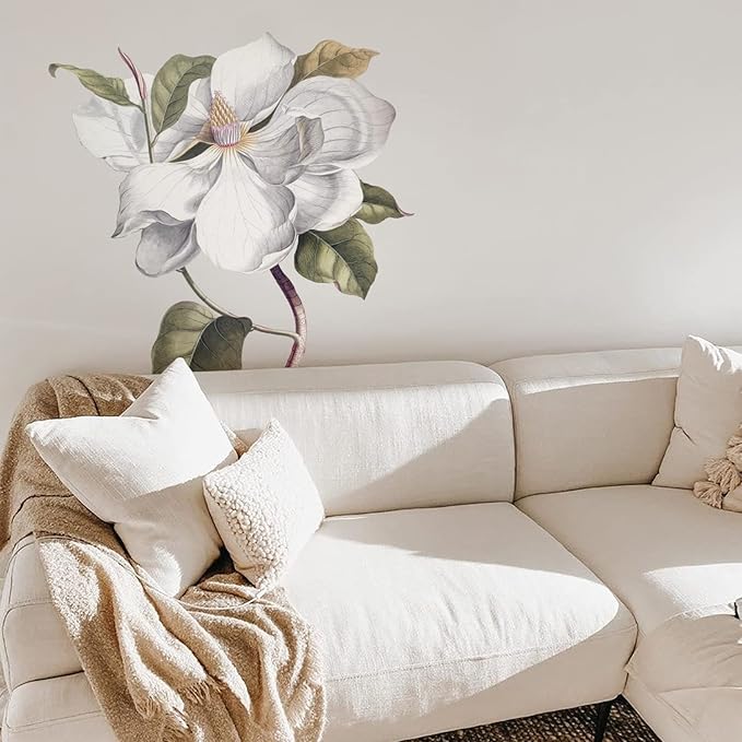 Fabric Peel and Stick Floral Sticker Decal, Self-Adhesive Peony Flowers Wallpaper, Rose Sticker for Living Room Bedroom Wall Decor, Single Large Vintage Magnolia