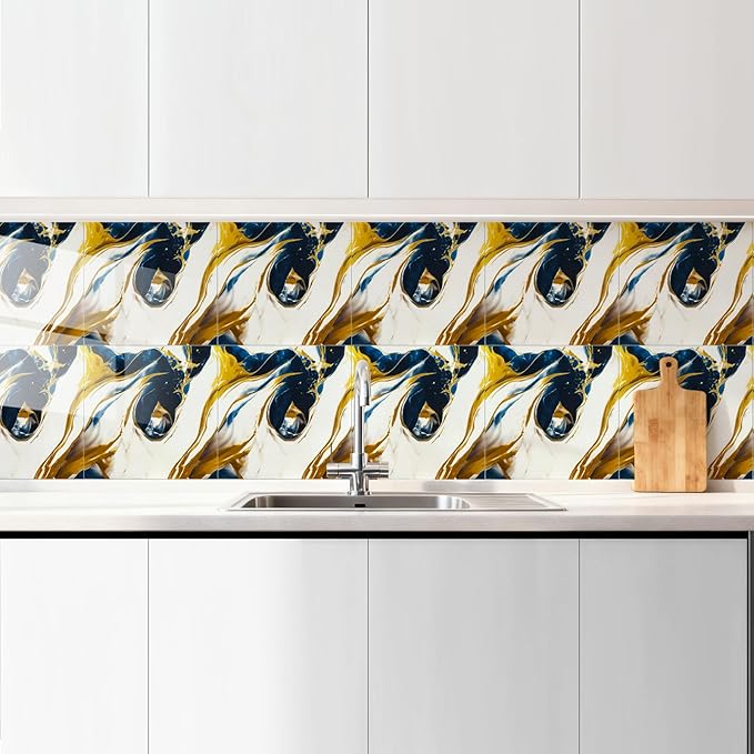 Peel and Stick Wall Panels, Self-Adhesive Waterproof Tile Look Wallpaper, Blue and Gold Marble Design, 2.4mm Thick, 30 Sheets