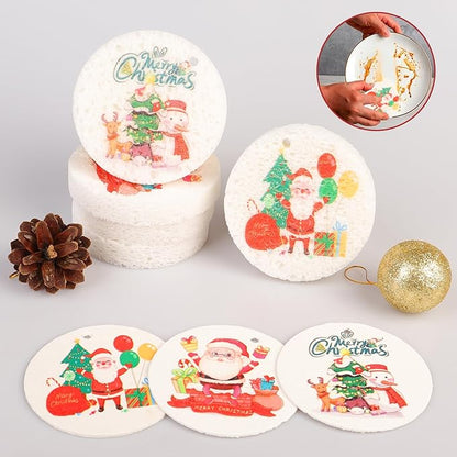 3 Pcs Biodegradable Wood Pulp Cellulose Compressed Cleaning Sponge Premium Kitchen Dishwashing Sponge Hanging Decorations for Christmas Tree Decorations, Kitchen, Bathroom and Surface Cleaning