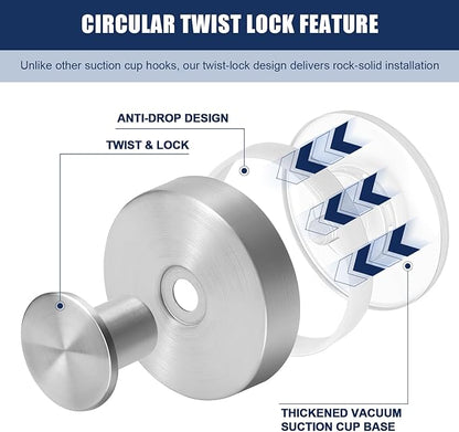 Silver Waterproof Suction Cup Hooks, 8-Pack Heavy Duty Stainless Steel No Drill Shower Hooks for Hanging Towels, Robes, Loofahs, Holder Holds Strong on Tile, Glass, Mirror, Wall, Bathroom Door