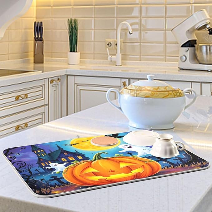Halloween Pumpkin Ghost Witch Dish Drying Mat for Kitchen Counter Absorbent Microfiber Drying Pad, Medium 16x18 in