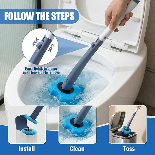 Disposable Toilet Brush with 16 Refills,2 Toilet Wand Brush Cleaning Kit,Wall Mounted Toilet Bowl Cleaner Kit with Holder for Bathroom Deep Cleaning & Hygiene- Blue & White-2 Pack