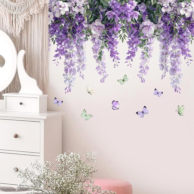 Purple Hanging Vine Wall Decals, Removable Wisteria Floral Vinyl Stickers, Flower Vine Butterfly Stickers Art Wallpaper for Home Clings Bathroom Bedroom Living Room Wall Corner Decor