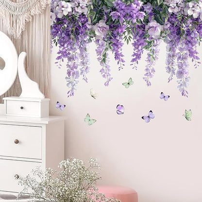 Purple Hanging Vine Wall Decals, Removable Wisteria Floral Vinyl Stickers, Flower Vine Butterfly Stickers Art Wallpaper for Home Clings Bathroom Bedroom Living Room Wall Corner Decor