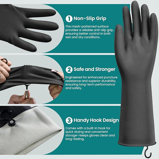 4 Pairs Rubber Dishwashing Gloves with Hanging Hooks - Reusable Cleaning Gloves for Kitchen & Household, Non-Slip, Durable and Flexible (Medium, 4 Colors)