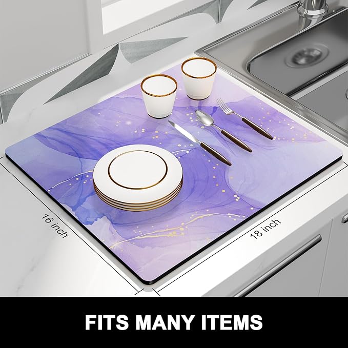 Rnivvi Dish Drying Mat for Kitchen Counter, 16 x 18" Cute Marble Theme Absorbent Heat Resistant Drying Pad with Non-slip Rubber, Coffee Bar Mats for Coffee Machine Dish Rack Kitchen Decor, Purple