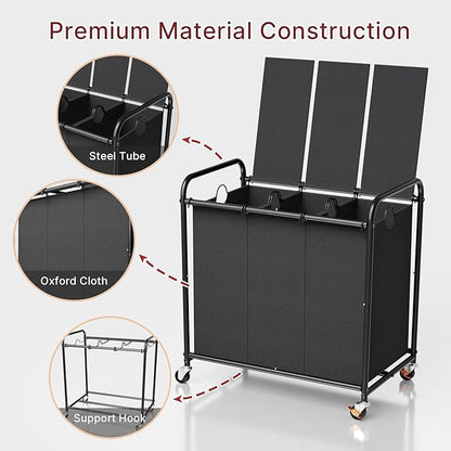 3-Compartment Laundry Cart with Lockable Wheels & Lid 180L Large Wheeled Laundry Basket Heavy-Duty Sorting Organizer for Laundry Room (Black)