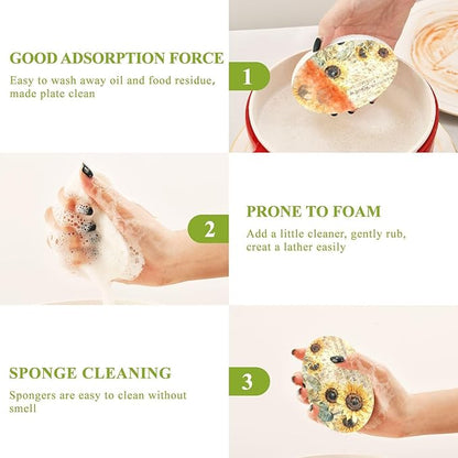 Vintage Sunflower Kitchen Scrub Sponges, Pop-up Kitchen Cleaning Sponges Reusable Dish Washing Sponges for Bathroom Household Cleaning 3 Pack - Non Scratch Scrubber