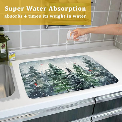 Winter Pine Tree Dish Drying Mat for Kitchen Counter 16x18 Inch Winter Snowflake Xmas Forest Dish Draining Mat Christmas Decorations Fast Absorbent Tableware Dishes Pad for Coffee Bar Countertop