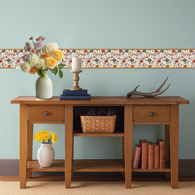 Vintage Rose Wallpaper Border 196x4 Inch Peel and Stick Wall Border Removable Vinyl Wall Trim Elegant Floral Pattern for Kitchen Bathroom Living Room Bedroom Mirror Cabinet Home Decor