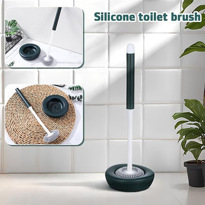 IMIKEYA Silicone Toilet Brush and Holder Set, Long Handle Toilet Bowl Cleaning Brush with Base, Green Household Bathroom Cleaning Tool for Deep Scrubbing and Easy Maintenance