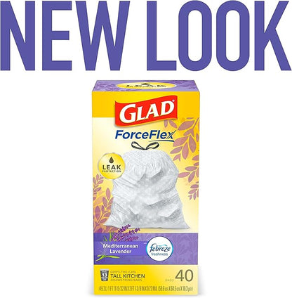Glad Trash Bags, ForceFlex Tall Drawstring Garbage Bags, 13 Gallon White Trash Bags for Tall Kitchen Trash Can, Mediterranean Lavender with Febreze Freshness to Eliminate Odors, 40 Count (Pack of 2)