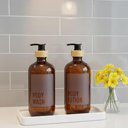 SAVVY & SORTED Amber Glass Body Lotion Dispenser with Pump, Soap Dispenser Bathroom Set, Refillable Glass Lotion Bottle with Label, Matching Soap and Lotion Dispenser Set Available, 17 Fl Oz / 500 ml