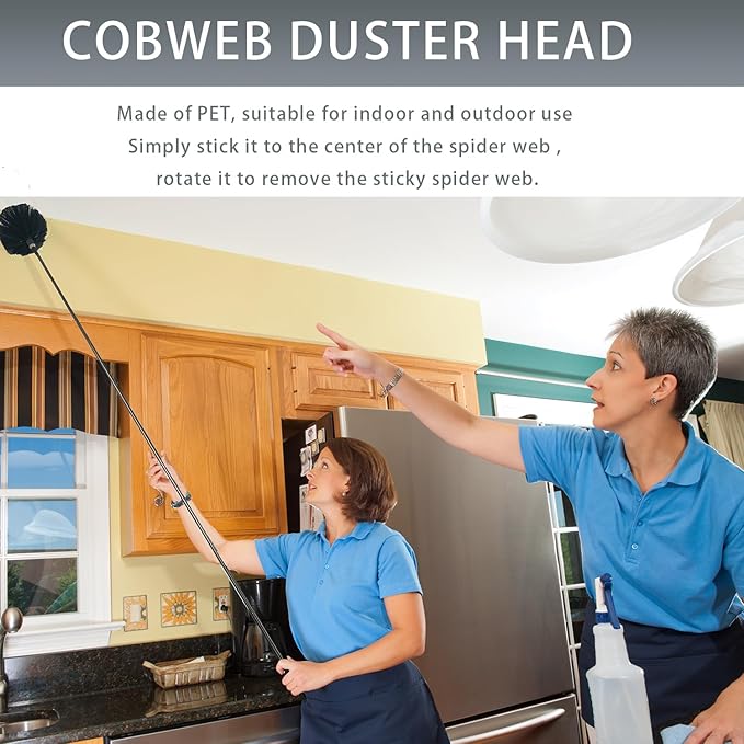 4 Pcs Microfiber Cobweb Duster with 100" Extension Pole,Bendable Ceiling Fan Duster Kit with 3 Duster Heads,Washable Reusable Spider Web Brush for High Ceiling and Walls Furniture Home