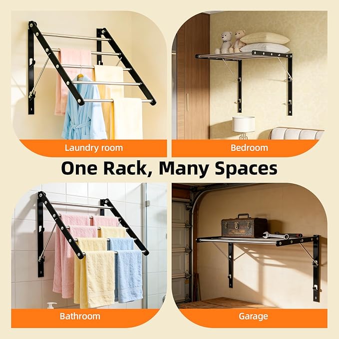 Wall Mounted Drying Rack, Pre-Install Adjustable Width 13-23 Inch, 60 lbs Heavy Duty Foldable Laundry Rack, Space Saving Stainless Steel for Apartment Laundry Room Bathroom, Black