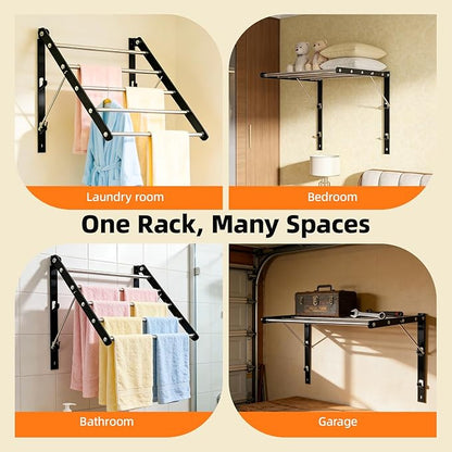 Wall Mounted Drying Rack, Pre-Install Adjustable Width 13-23 Inch, 60 lbs Heavy Duty Foldable Laundry Rack, Space Saving Stainless Steel for Apartment Laundry Room Bathroom, Black