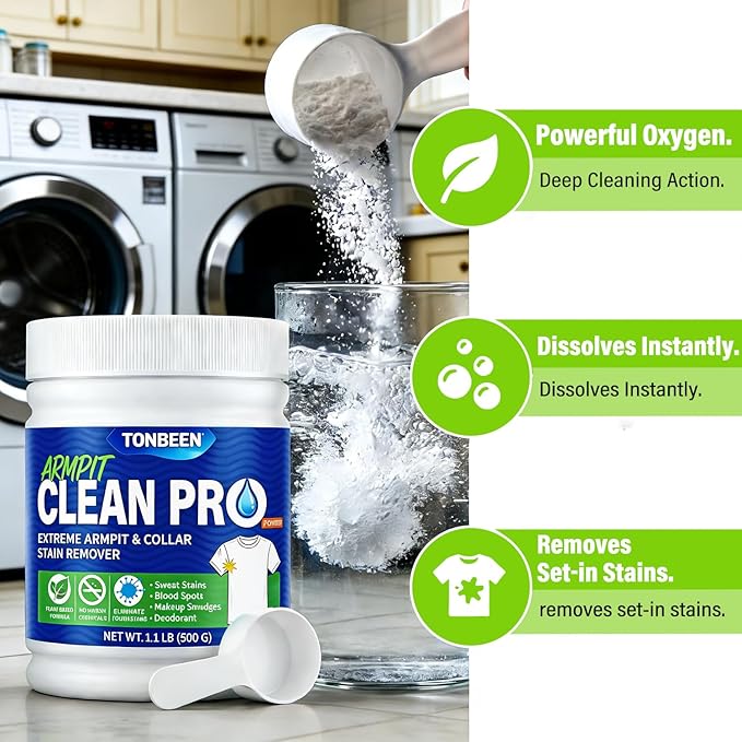 Oxygen Laundry Powder, Sweat & Deodorant Armpit Stain Remover for Clothes, Hyper Concentrated & Suitable for Multi-Stain, Yellow Oil Spot Tough Stain Build Up Remover - Gentle On Fabrics