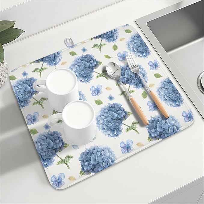 Spring Summer Hydrangea Dish Drying Mat for Kitchen Counter 16 x 18 Inch Blue Floral Dish Drainer Mat Absorbent Microfiber Dish Rack Pad for Holiday Coffee Dining Bar Decor
