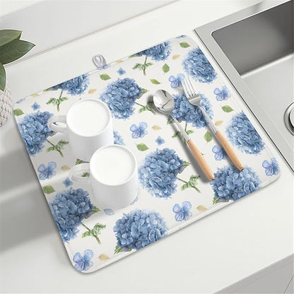 Spring Summer Hydrangea Dish Drying Mat for Kitchen Counter 16 x 18 Inch Blue Floral Dish Drainer Mat Absorbent Microfiber Dish Rack Pad for Holiday Coffee Dining Bar Decor