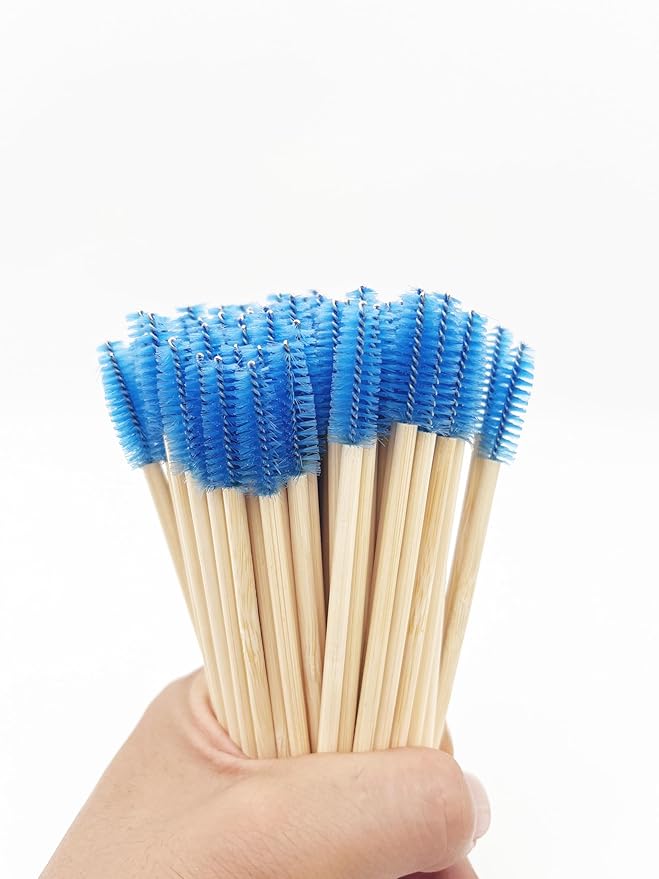100 Pcs per Container Disposable Wood Mascara Wands, Bamboo Spoolies Brush for Eyelash Extensions, Spooly Eyebrow Brushes Lash Wand Applicator Stick (Blue)