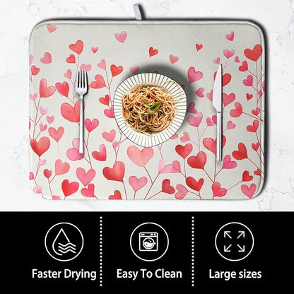 Valentines Pink Love Heart Dish Drying Mat Valentine Day Absorbent Microfiber Dish Drying Pad Heat Resistant Kitchen Counter Draining Mat Extra Large Dish Drainer Rack Mats 18x24 Inch