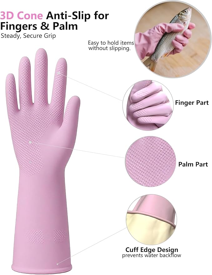 Rubber Cleaning Gloves for Dishwashing, 4 Pairs Reusable Kitchen Gloves for Washing Dishes with Non-Slip Grip