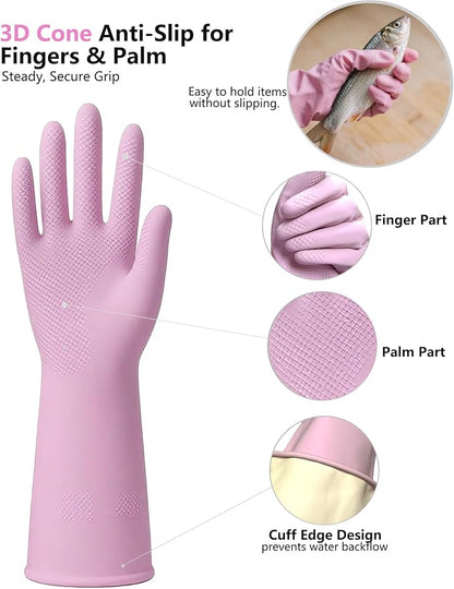 Rubber Cleaning Gloves for Dishwashing, 4 Pairs Reusable Kitchen Gloves for Washing Dishes with Non-Slip Grip